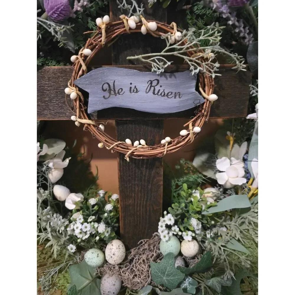 Handmade Easter He Is Risen Wreath Spring Wooden Cross 21